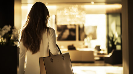 A fashionable woman in a chic white suit enters a luxurious hotel lobby, carrying a stylish handbag, surrounded by elegant dの素材