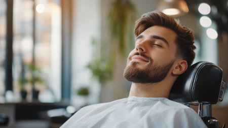 A young man enjoys a moment of relaxation in a barbershop, reclining comfortably in a chair while awaiting his stylish haircut, surrounded by a modern salon environment.の素材