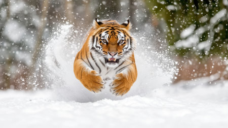 A stunning image of a tiger sprinting through a snow-covered landscape, capturing the essence of wildlife in action against a beautiful winter backdrop.の素材
