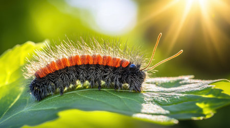 Colorful caterpillar crawling on fresh green leaf, enjoying sunlight in peaceful natural settingの素材