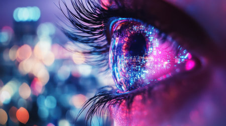 A captivating close-up of a human eye with a colorful cityscape reflected in the iris, surrounded by vibrant bokeh lights, evoking a sense of futuristic vision and creativity.の素材