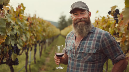 A joyful man stands in a vibrant vineyard, enjoying a glass of red wine amidst lush grapevines, celebrating the beauty of winemaking and rural life.の素材