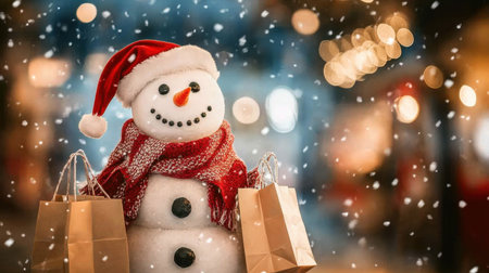 A joyful snowman wearing a Santa hat and scarf holds shopping bags amid falling snow, creating a delightful winter atmosphere perfect for holiday celebrations.の素材
