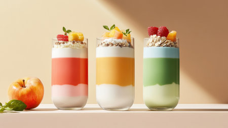 Vibrant smoothie bowls layered with yogurt, fruits, and granola, presented aesthetically in clear glasses, perfect for healthy snacking and vibrant breakfast options.の素材