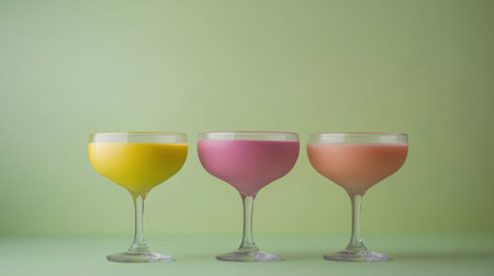 A stunning display of yellow, pink, and orange cocktails in elegant glassware against a soft green backdrop, perfect for summer gatherings and celebrations.の素材