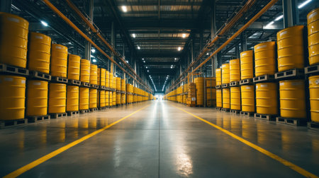 A spacious industrial warehouse featuring neat rows of bright yellow drum barrels lining the aisle under bright ceiling lights, ideal for storage and inventory management.の素材