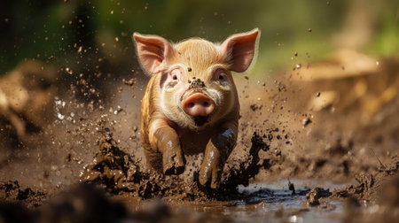Adorable piglet in motion, splashing through mud, direct gaze full of energyの素材