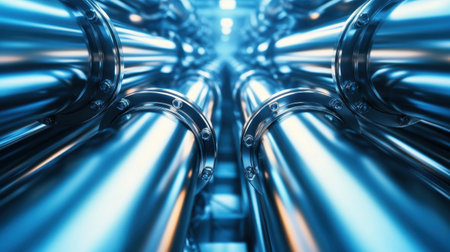 This image showcases sleek metallic pipes in a bright industrial setting, emphasizing modern design and advanced infrastructure in technology and engineering fields.の素材