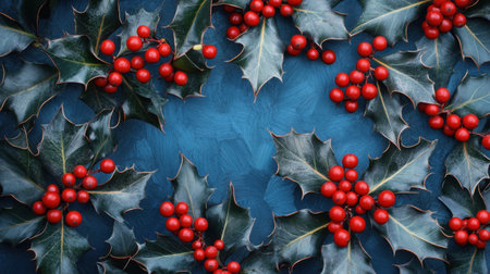 An artistic arrangement of holly leaves and bright red berries set against a textured blue background, perfect for holiday themes and festive decorations throughout winter.の素材
