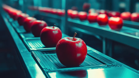A captivating view of shiny red apples arranged on a conveyor belt in a modern production line, showcasing the efficiency of agricultural logistics and fresh produce handling.の素材