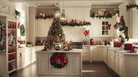 A beautifully decorated kitchen showcasing a Christmas tree, wreaths, and stockings, creating a warm, inviting atmosphere perfect for holiday gatherings and celebrations.の素材