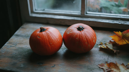 Two bright orange pumpkins sit gracefully on a rustic wooden table, surrounded by autumn leaves, capturing the cozy essence of the fall season within a warm indoor atmosphere.の素材