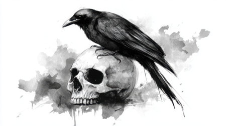 Bold sketch of crow atop a skull, modern hand-drawn art style, isolated on white background for a dark, artistic vibeの素材