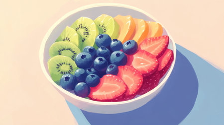 A beautifully arranged bowl of fresh fruits including kiwi, orange, strawberry, and blueberry, promoting healthy eating with vibrant colors and delicious flavors, perfect for a nutritious snack.の素材