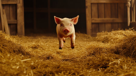 Cheerful piglet leaping through swirling hay in barn, rustic and playful farm settingの素材