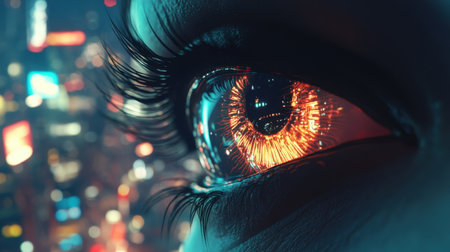 A striking close-up of a human eye featuring a vibrant reflection of a neon cityscape, blending technology and urban magic, evoking emotions and a futuristic vibe.の素材