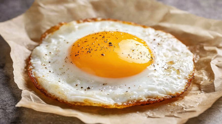 Crispy fried egg with creamy yolk, placed on rustic parchment paper, beautifully cookedの素材