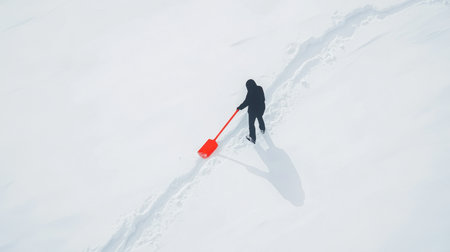 A solitary figure in black walks on a snowy terrain, employing a vivid red shovel to create a path, emphasizing the beauty of winter and the effort of snow clearing.の素材