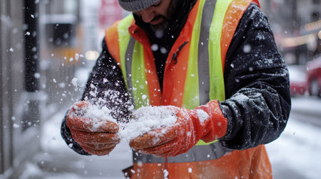 A dedicated urban worker in a bright safety vest examines freshly fallen snow on a bustling city street, embodying seasonal change and outdoor labor in winter conditions.の素材