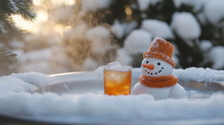 A whimsical snowman sits cheerfully with a glass drink, surrounded by a snowy landscape, embodying the joy and magic of winter festivities perfect for celebrating.の素材