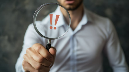 A businessman holds a magnifier, analyzing incident signs and investigating causes with exclamation marks for urgency in incident managementの素材
