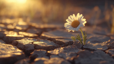 A daisy flower emerges from dry cracked soil, symbolizing rebirth, resilience, and the hope of new life in harsh conditionsの素材