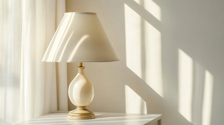 Elegant vintage lamp with cream-colored shade, set on white surface with sunlight streamingの素材