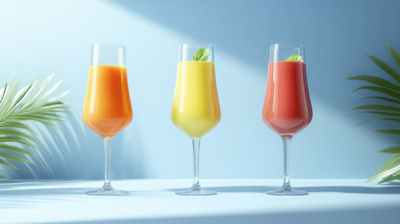 Three beautifully arranged fruit juices in elegant glasses showcase vibrant colors, perfect for summer gatherings and wellness-focused events.の素材
