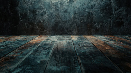 Abstract image of a dark room with textured wooden and concrete floor, creating a moody atmosphereの素材