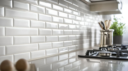 Ceramic tile installation on kitchen wall by handyman, leveling with tile spacers; careful craftsmanshipの素材