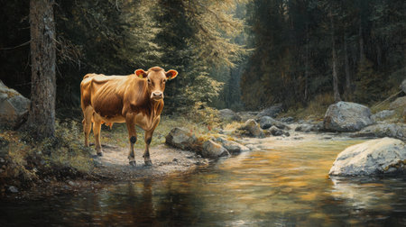 Brown cow by a clear stream in forest, trees casting dappled light, serene and refreshingの素材