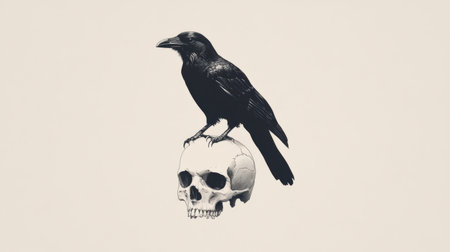 Detailed crow illustration sitting on a skull, sketched in a modern minimalist style on white; edgy, artistic lookの素材