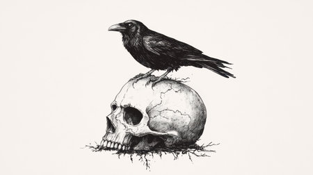 Bold sketch of crow atop a skull, modern hand-drawn art style, isolated on white background for a dark, artistic vibeの素材