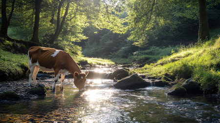 Cow drinking from forest stream, sunlight shining through trees, tranquil natural settingの素材