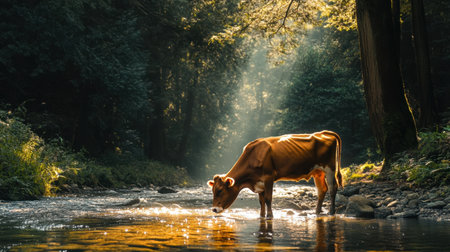 Brown cow drinks from clear forest stream, sunlight streaming through trees in peaceful sceneの素材