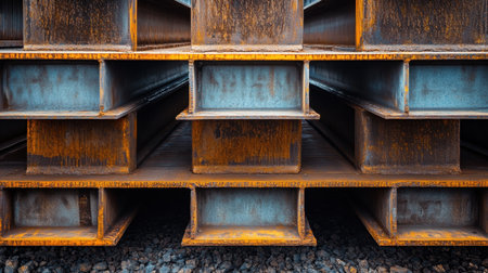 Captivating close-up image of stacked steel beams showcasing distinct rust textures, highlighting the industrial features ideal for engineering and construction projects.の素材