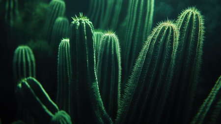 Close-up image of green cactus with fine spines, highlighting its natural texture and colorの素材