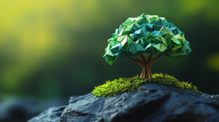 Close-up of origami tree changing into a live tree, symbolizing growth, transformation, and lifeの素材