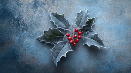 Beautiful frosted holly leaves with bright red berries on a textured background, perfect for holiday decorations, winter themes, and seasonal design projects.の素材