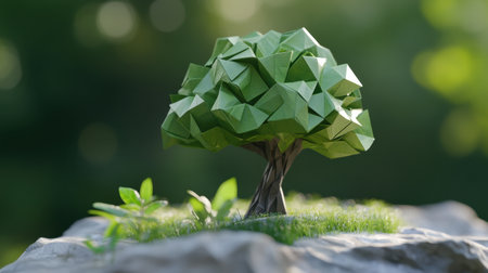 Close-up of origami tree changing into a live tree, symbolizing growth, transformation, and lifeの素材