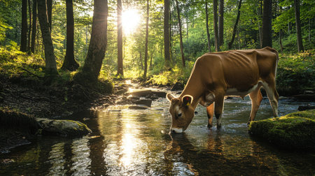 Cow drinking from forest stream, sunlight shining through trees, tranquil natural settingの素材