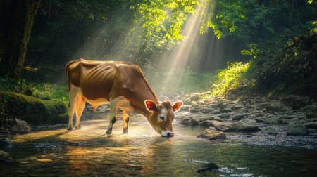 Gentle cow drinking from forest stream, sun rays filtering through leaves, nature calmの素材