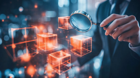 Floating cubes analyzed by businessmen with magnifiers; visual metaphor for case study analysis and strategic market researchの素材