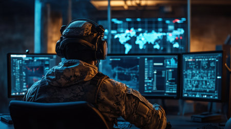 A focused military operator in a command center analyzes critical tactical data across multiple screens, showcasing high-tech equipment and global insights to support strategic missions.の素材