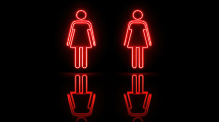 Bright red LED restroom icons for men and women on a black background, stylish and boldの素材