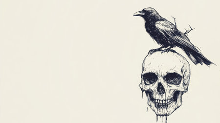 Bold sketch of crow atop a skull, modern hand-drawn art style, isolated on white background for a dark, artistic vibeの素材