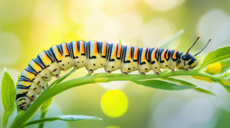 Close-up of caterpillar on green leaf, sunlight highlighting its colors and textureの素材