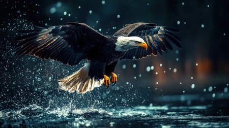 Eagle bird flying with intense wing flaps, water splashes adding motion against dark backgroundの素材