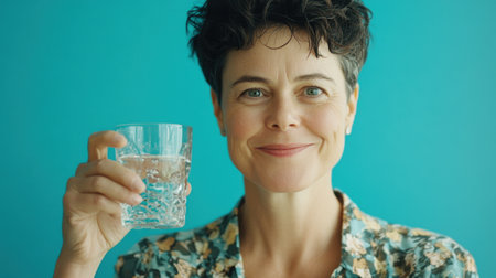 A cheerful woman smiles while holding a glass of water against a vibrant blue background, promoting hydration and a positive lifestyle. Perfect for health and wellness themes.の素材