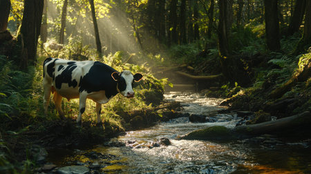 Cow by forest stream, sunlight illuminating water and creating peaceful atmosphereの素材